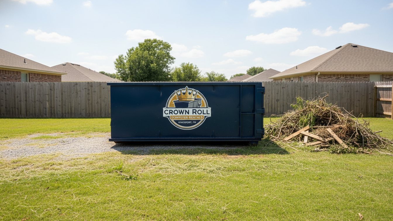 Crown Roll dumpster on a lawn next to a pile of branches