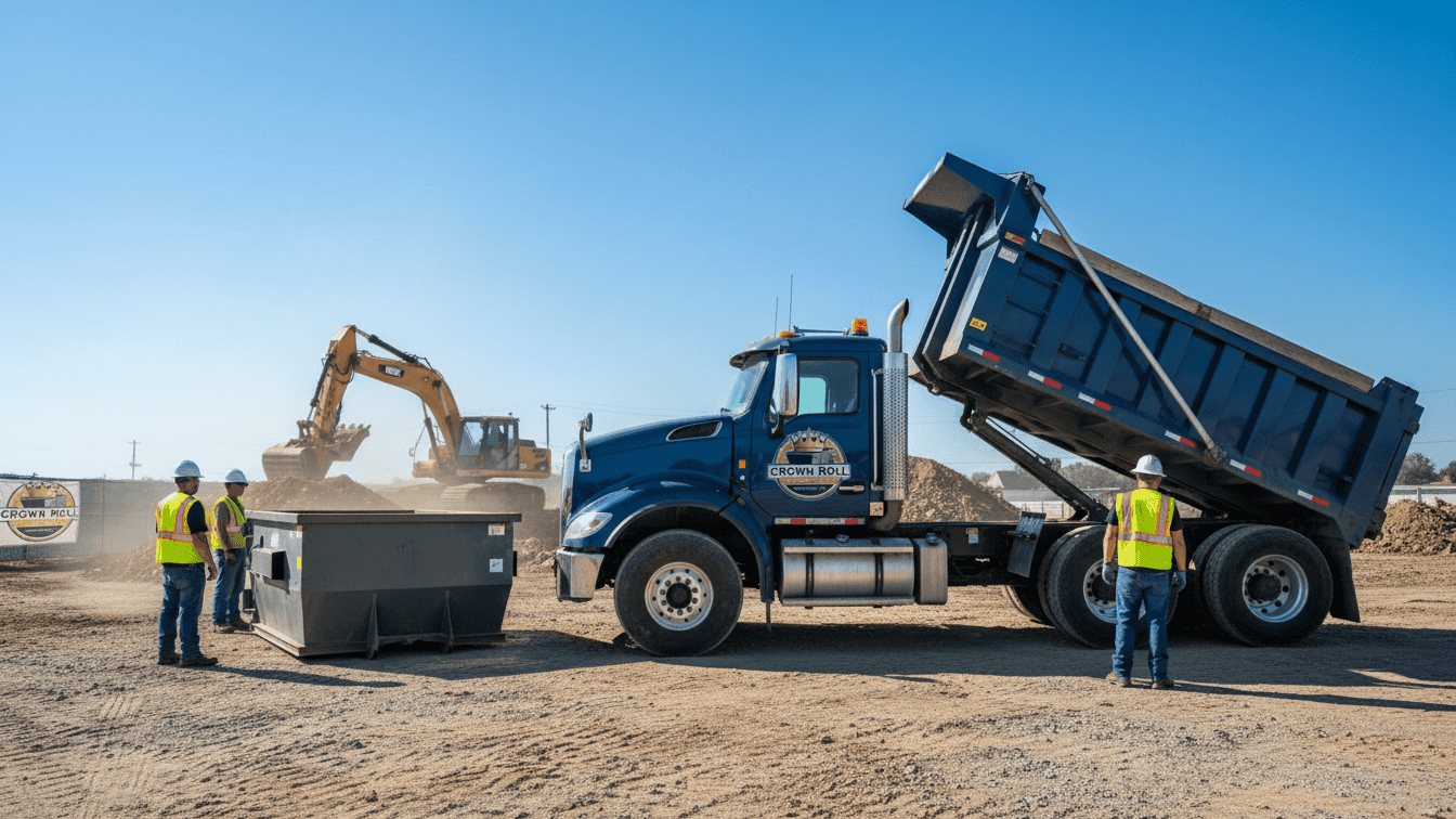 Dump truck unloading beside a Crown Roll dumpster at a construction site