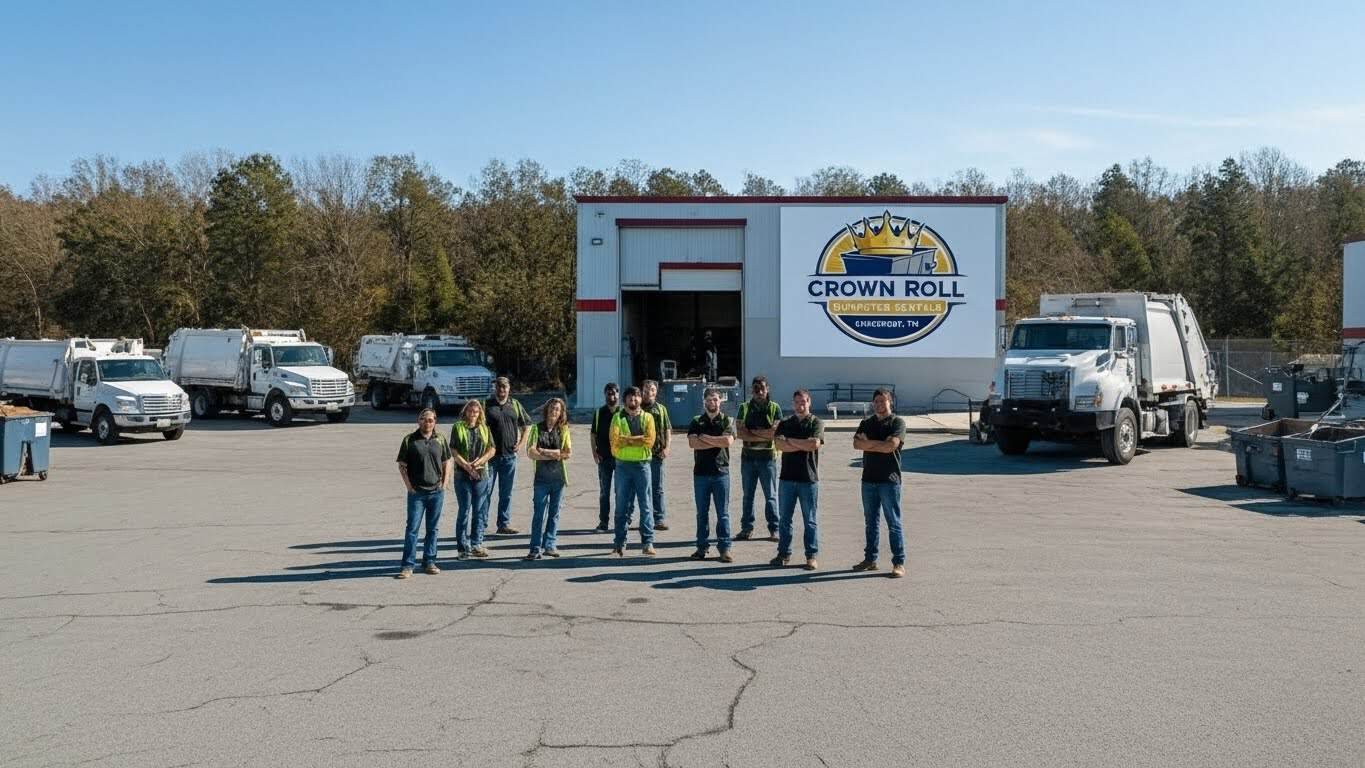 Crew in safety vests in front of a Crown Roll yard building and trucks