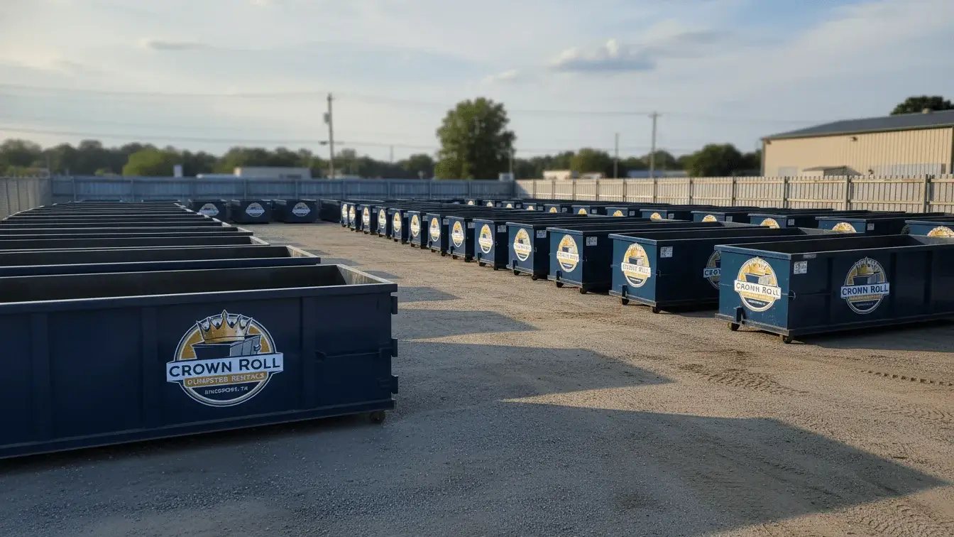 Rows of Crown Roll roll-off dumpsters in a storage yard