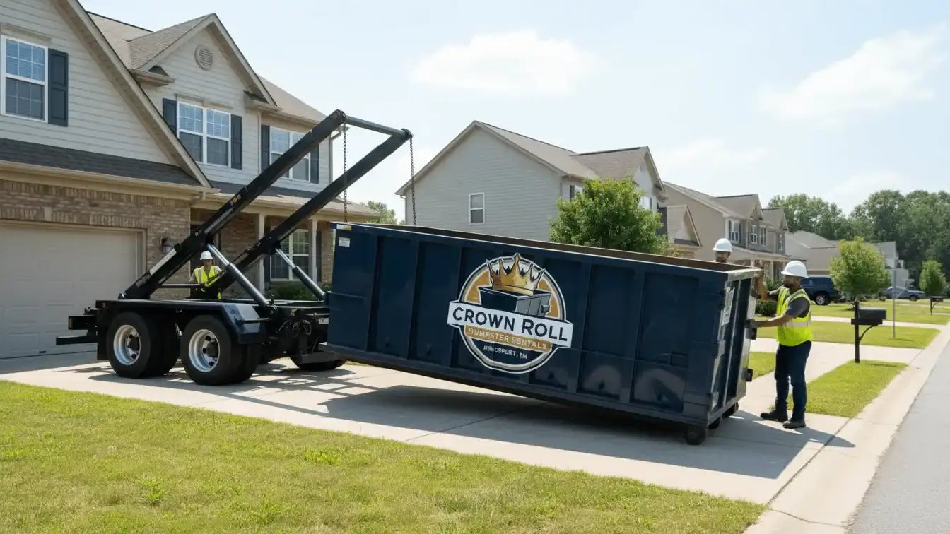 Roll-off truck setting a blue Crown Roll dumpster on a residential driveway