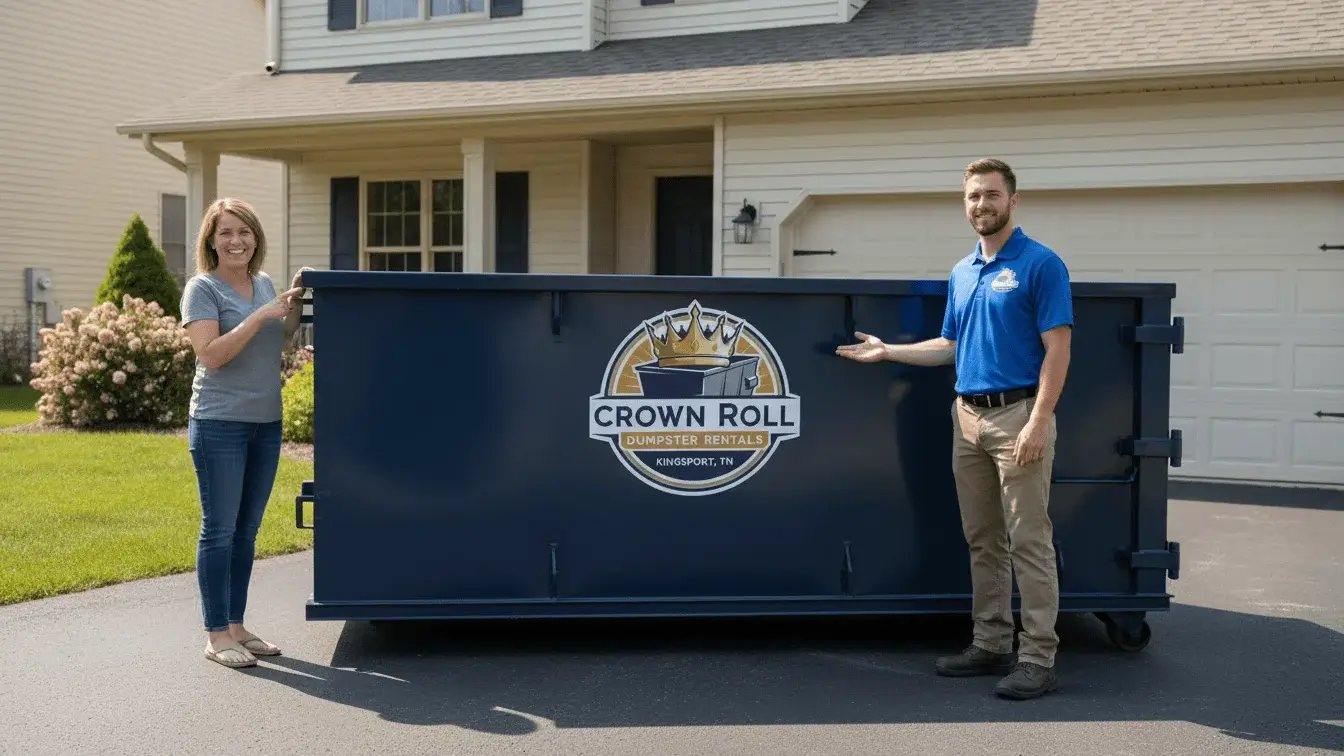 Homeowner and a driver beside a Crown Roll dumpster in front of a garage