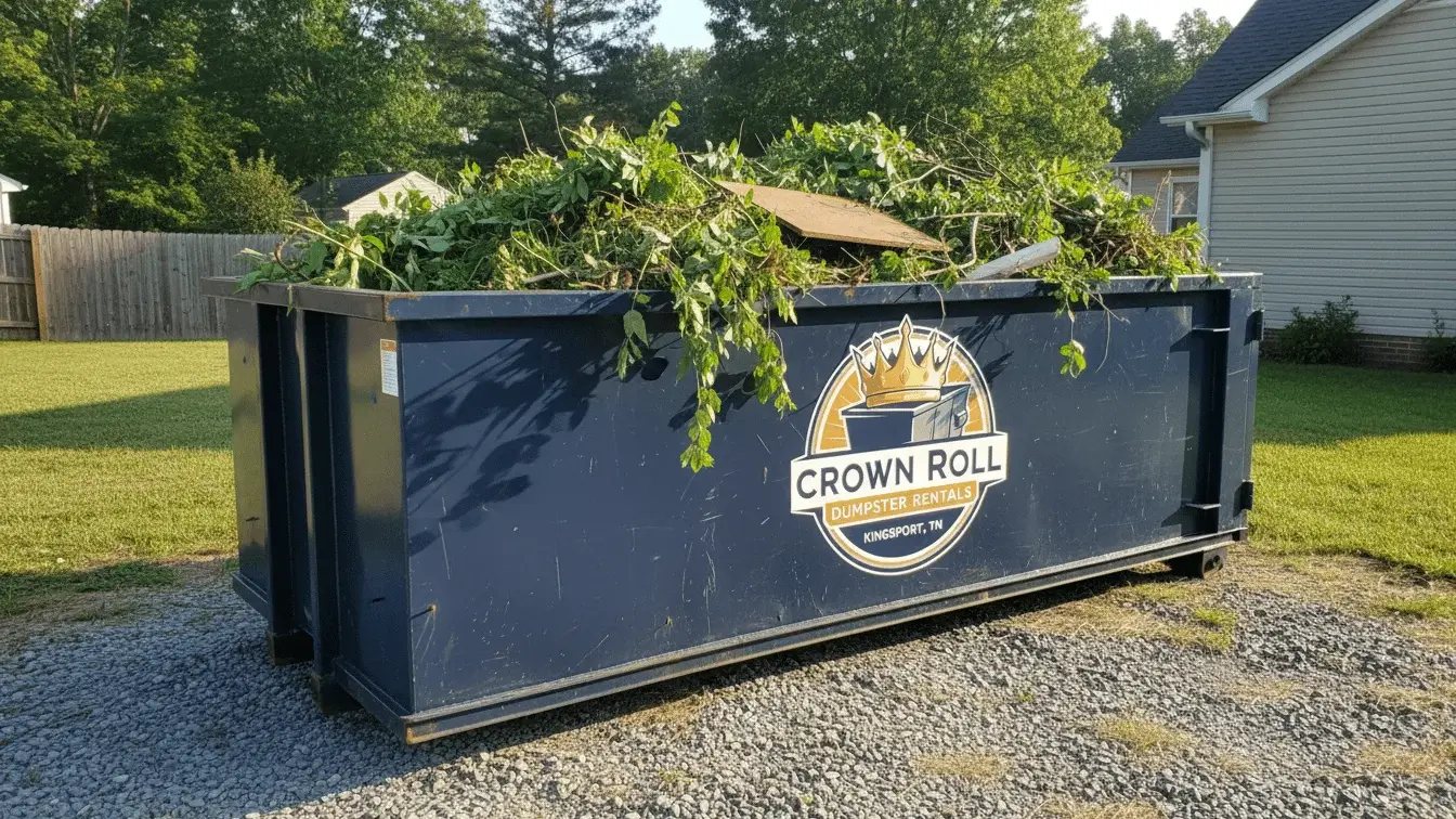 Crown Roll dumpster full of green yard waste beside a fence