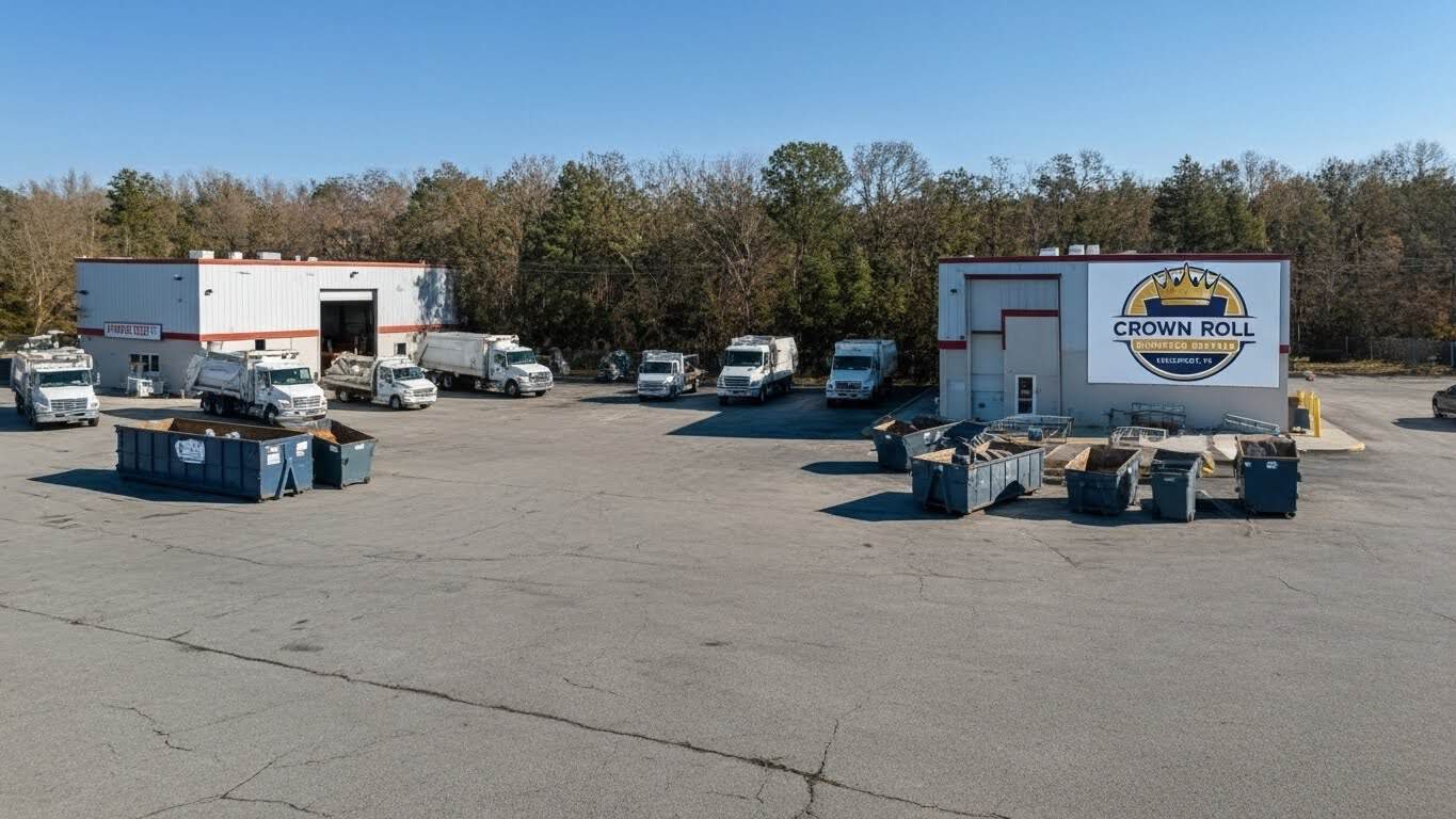 Aerial view of a dumpster yard with trucks and Crown Roll containers