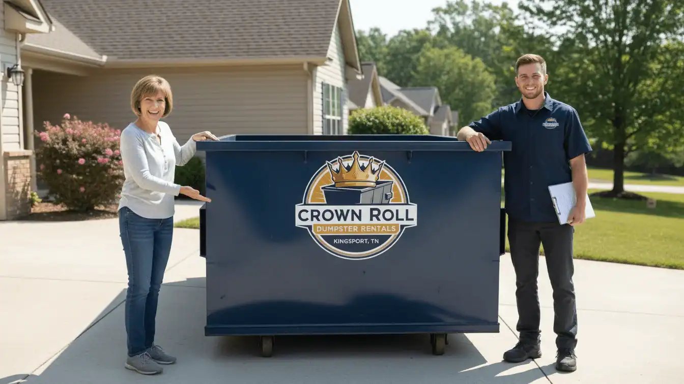Homeowner and a driver with a clipboard beside a blue Crown Roll dumpster