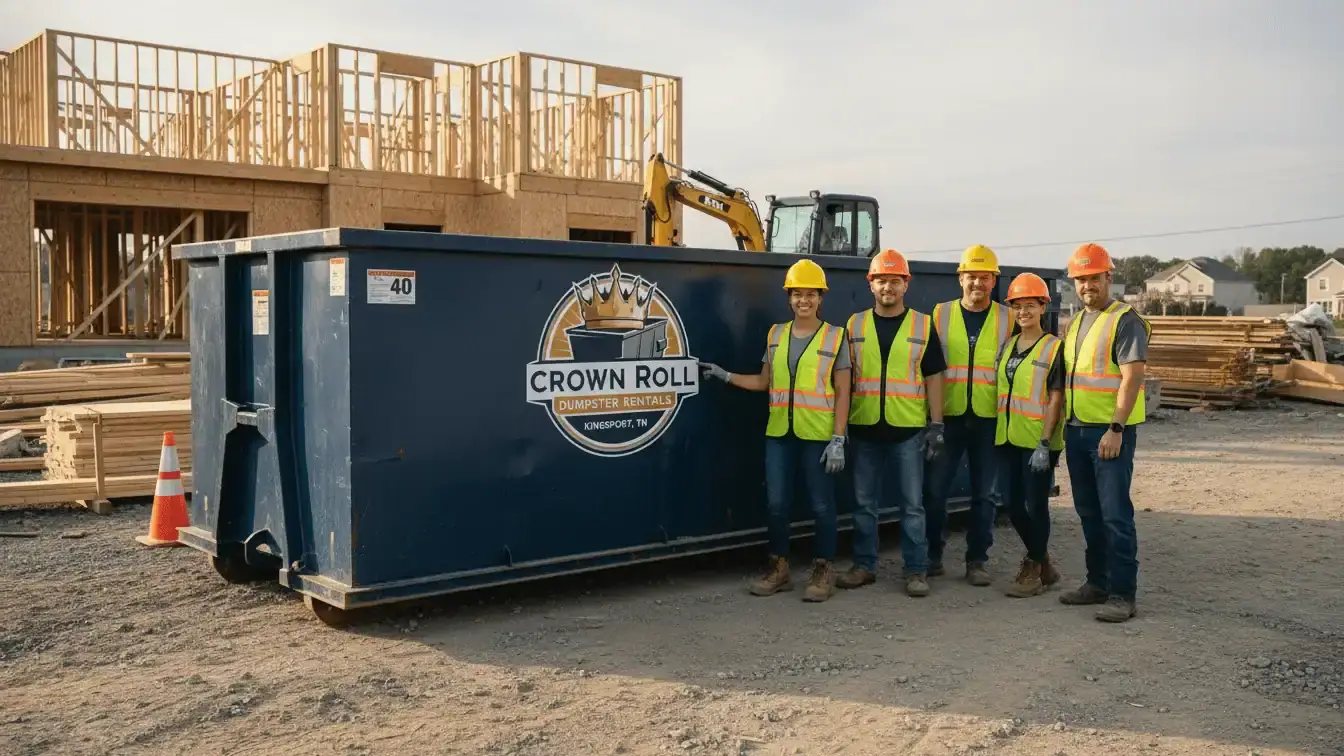 Construction crew in safety vests beside a Crown Roll dumpster at a framing site